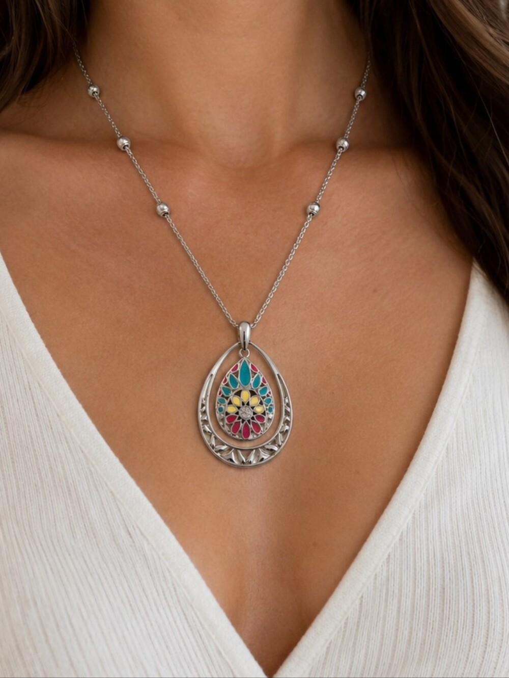 Christopher & Banks Silver Teardrop Pendant Necklace with Multicolor Enamel